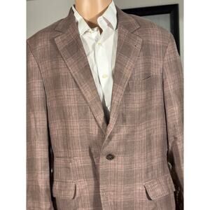Brunello Cucinelli Peach Taupe Plaid Blazer Sport Jacket 52 IT 42R US Linen Silk